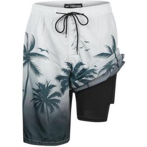 imageMens Swim Trunks with Compression Liner 9quot Builtin Board Shorts 2 in 1 Quick Dry Bathing Suits with Zipper PocketsGradient Palm