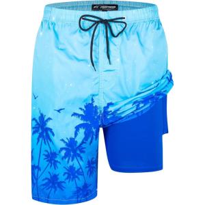 imageMens Swim Trunks with Compression Liner 9quot Builtin Board Shorts 2 in 1 Quick Dry Bathing Suits with Zipper PocketsSky Blue Palm Tree