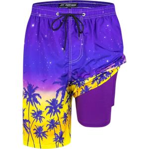 imageMens Swim Trunks with Compression Liner 9quot Builtin Board Shorts 2 in 1 Quick Dry Bathing Suits with Zipper PocketsStarry Sky Palm Tree