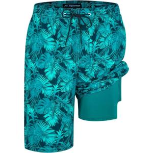 imageMens Swim Trunks with Compression Liner 9quot Builtin Board Shorts 2 in 1 Quick Dry Bathing Suits with Zipper PocketsTurquoise Tropical Leaves