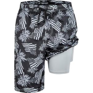 imageMens Swim Trunks with Compression Liner 9quot Builtin Board Shorts 2 in 1 Quick Dry Bathing Suits with Zipper PocketsVintage Black Flag