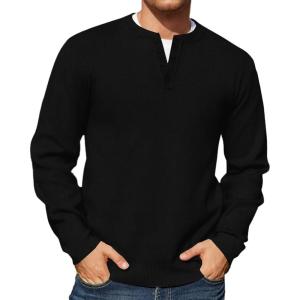 imageMens Crewneck Sweatshirts Lightweight Soild Color Basic Pullover Casual Long Sleeve Henley ShirtsBlack