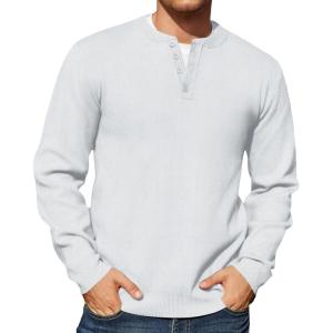 imageMens Crewneck Sweatshirts Lightweight Soild Color Basic Pullover Casual Long Sleeve Henley ShirtsWhite