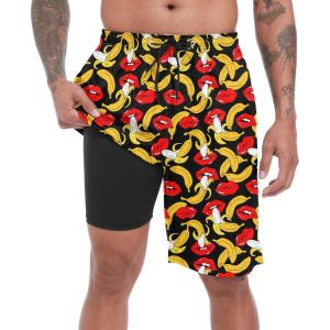 imageFT FENTENG Mens Swim Trunks with Compression Liner 9quot Board Shorts 2 in 1 Quick Dry Beach Swimwear Bathing Suits for MenBanana Lipsc