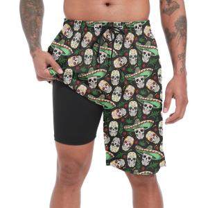 imageFT FENTENG Mens Swim Trunks with Compression Liner 9quot Board Shorts 2 in 1 Quick Dry Beach Swimwear Bathing Suits for MenBlack Skull Leaf