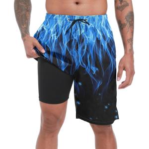 imageFT FENTENG Mens Swim Trunks with Compression Liner 9quot Board Shorts 2 in 1 Quick Dry Beach Swimwear Bathing Suits for MenBlue Flamec