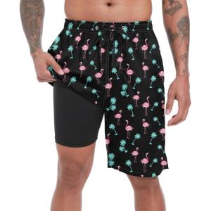 imageFT FENTENG Mens Swim Trunks with Compression Liner 9quot Board Shorts 2 in 1 Quick Dry Beach Swimwear Bathing Suits for MenFlamingo Tree