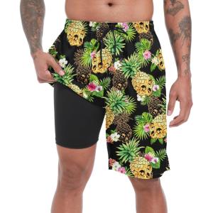 imageFT FENTENG Mens Swim Trunks with Compression Liner 9quot Board Shorts 2 in 1 Quick Dry Beach Swimwear Bathing Suits for MenPineapple Skull