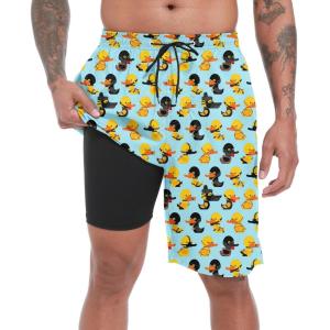 imageFT FENTENG Mens Swim Trunks with Compression Liner 9quot Board Shorts 2 in 1 Quick Dry Beach Swimwear Bathing Suits for MenPirate Duckc