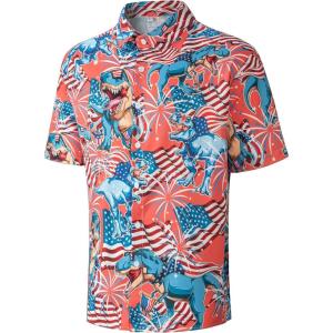 imageFT FENTENG Mens Casual Button Down Shirts Regular Fit Short Sleeve Hawaiian Shirt for MenDinosaur American Flag