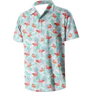 imageFT FENTENG Mens Casual Button Down Shirts Regular Fit Short Sleeve Hawaiian Shirt for MenGreen Leaf Flamingo