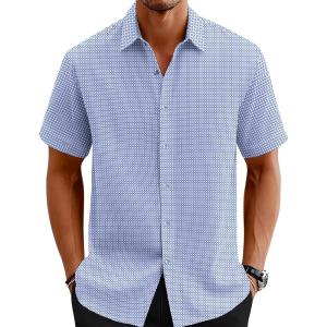 imageLzzidou Mens Patterned Button Down Shirt Geometric Print Short Sleeve Dress Shirt for Casual Work Travel Summer Beach OfficeBlue White Small Plaid