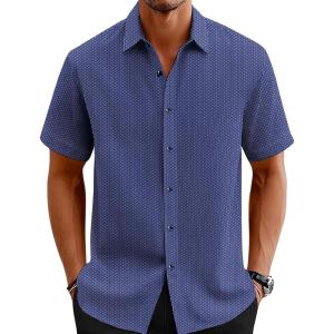 imageLzzidou Mens Patterned Button Down Shirt Geometric Print Short Sleeve Dress Shirt for Casual Work Travel Summer Beach OfficeDark Blue Small Wave