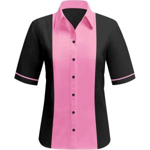 imageWomens Vintage Bowling Shirts 1950s Short Sleeve Button Up 50s Retro Outfits Sock Hop CostumeBlack Pink
