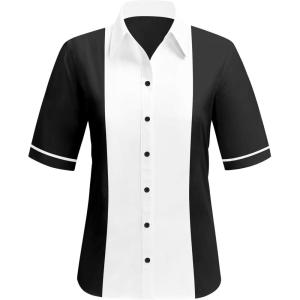 imageWomens Vintage Bowling Shirts 1950s Short Sleeve Button Up 50s Retro Outfits Sock Hop CostumeBlack White