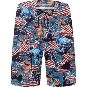 imageFT FENTENG Mens Swim Trunks Quick Dry Board Shorts with Mesh Lining Breathable Surf Beach Shorts Swimwear Bathing SuitsNavy Dinosaur Flag
