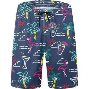 imageFT FENTENG Mens Swim Trunks Quick Dry Board Shorts with Mesh Lining Breathable Surf Beach Shorts Swimwear Bathing SuitsNeon Flamingo Palm