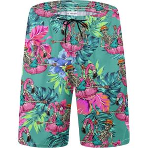 imageFT FENTENG Mens Swim Trunks Quick Dry Board Shorts with Mesh Lining Breathable Surf Beach Shorts Swimwear Bathing SuitsSkeleton Flamingo