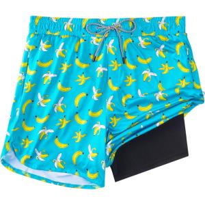 imageFT FENTENG Mens Swim Trunks with Compression Liner 55quot Board Shorts with Zipper Pockets 2 in 1 Quick Dry Bathing SuitsBanana