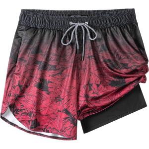 imageFT FENTENG Mens Swim Trunks with Compression Liner 55quot Board Shorts with Zipper Pockets 2 in 1 Quick Dry Bathing SuitsGradient Burgundy Leafc