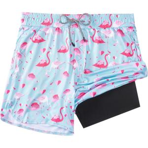 imageFT FENTENG Mens Swim Trunks with Compression Liner 55quot Board Shorts with Zipper Pockets 2 in 1 Quick Dry Bathing SuitsPink Flamingo