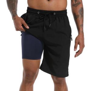 imageFT FENTENG Mens Swim Trunks with Compression Liner 9quot Board Shorts 2 in 1 Quick Dry Bathing Suits with Zipper PocketsBlackc