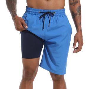 imageFT FENTENG Mens Swim Trunks with Compression Liner 9quot Board Shorts 2 in 1 Quick Dry Bathing Suits with Zipper PocketsBluec