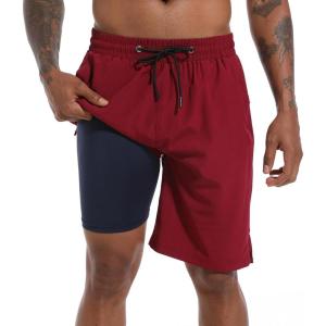 imageFT FENTENG Mens Swim Trunks with Compression Liner 9quot Board Shorts 2 in 1 Quick Dry Bathing Suits with Zipper PocketsBurgundyc
