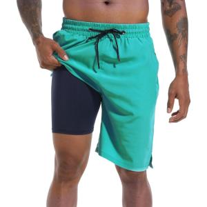 imageFT FENTENG Mens Swim Trunks with Compression Liner 9quot Board Shorts 2 in 1 Quick Dry Bathing Suits with Zipper PocketsCyanc