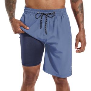 imageFT FENTENG Mens Swim Trunks with Compression Liner 9quot Board Shorts 2 in 1 Quick Dry Bathing Suits with Zipper PocketsGrey Bluec