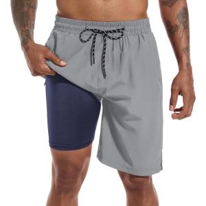 imageFT FENTENG Mens Swim Trunks with Compression Liner 9quot Board Shorts 2 in 1 Quick Dry Bathing Suits with Zipper PocketsGreyc