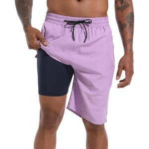 imageFT FENTENG Mens Swim Trunks with Compression Liner 9quot Board Shorts 2 in 1 Quick Dry Bathing Suits with Zipper PocketsLavenderc