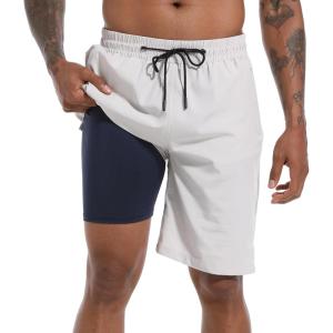 imageFT FENTENG Mens Swim Trunks with Compression Liner 9quot Board Shorts 2 in 1 Quick Dry Bathing Suits with Zipper PocketsLight Greyc
