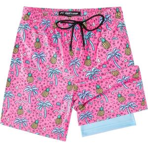 imageFT FENTENG Boys Swim Trunks with Compression Liner Boys Stretch Swim Shorts Quick Dry 2 in 1 Beach Shorts 417 YPink Palm Tree Flamingo