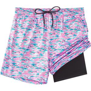 imageFT FENTENG Boys Swim Trunks with Compression Liner Boys Stretch Swim Shorts Quick Dry 2 in 1 Beach Shorts 417 YPink Shark