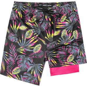 imageFT FENTENG Boys Swim Trunks with Compression Liner Boys Stretch Swim Shorts Quick Dry 2 in 1 Beach Shorts 417 YPurple Tropical Leaves