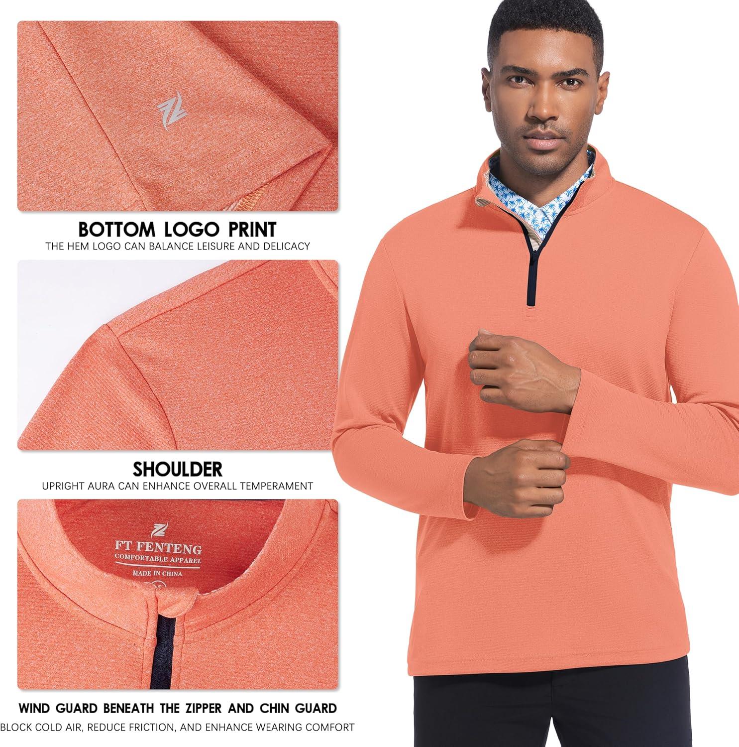 imageFT FENTENG Quarter Zip Golf Pullover Men Dry Fit Long Sleeve Moisture Wicking Mock Neck 14 Zip Pullover Mens SweatshirtsBrick Melange