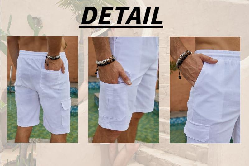 imageMens Linen Shorts Casual Cotton Elastic Waist Drawstring Summer Beach Vacation Shorts with Pockets