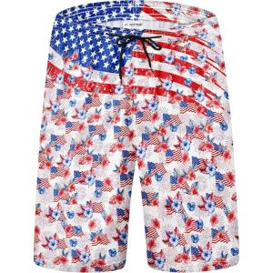 imageFT FENTENG Mens Swim Trunks Quick Dry Board Shorts with Mesh Lining Breathable Surf Beach Shorts Swimwear Bathing SuitsAmerican Flag Flower