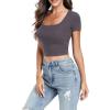 imageWomens Short Sleeve Crop Top Square Neck Ribbed Silm Baby Tee Summer Fitted Basic T ShirtsHeather Grey