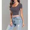 imageWomens Short Sleeve Crop Top Square Neck Ribbed Silm Baby Tee Summer Fitted Basic T ShirtsHeather Grey