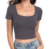 imageWomens Short Sleeve Crop Top Square Neck Ribbed Silm Baby Tee Summer Fitted Basic T ShirtsHeather Grey