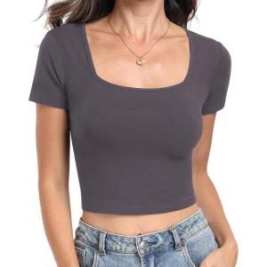 imageWomens Short Sleeve Crop Top Square Neck Ribbed Silm Baby Tee Summer Fitted Basic T ShirtsHeather Grey