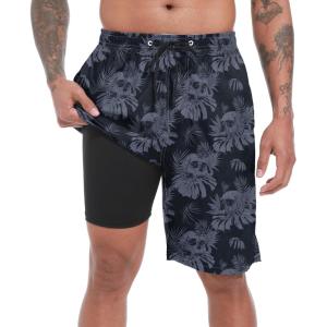 imageFT FENTENG Mens Swim Trunks with Compression Liner Black Skull Leaf Mens Bathing Suit Mens Swimming Trunks 9 inch inseam Mens Board Shorts Swimwear 4 Way Stretch Beach Shorts Quick Dry Swimsuits L