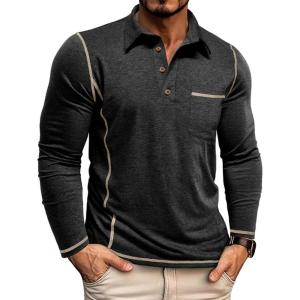 imageMens Casual Long Sleeve Polo Shirts Collared Button Cotton TShirt Classic Stylish Golf Shirt with PocketBlack