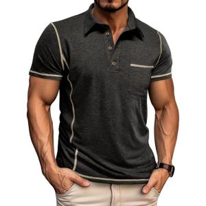 imageMens Casual Long Sleeve Polo Shirts Collared Button Cotton TShirt Classic Stylish Golf Shirt with PocketBlack315