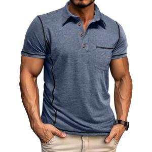 imageMens Casual Long Sleeve Polo Shirts Collared Button Cotton TShirt Classic Stylish Golf Shirt with PocketDarkblue315
