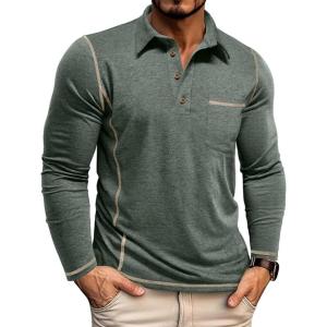 imageMens Casual Long Sleeve Polo Shirts Collared Button Cotton TShirt Classic Stylish Golf Shirt with PocketGreen