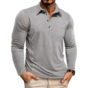 imageMens Casual Long Sleeve Polo Shirts Collared Button Cotton TShirt Classic Stylish Golf Shirt with PocketGrey