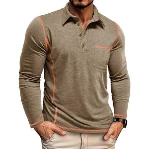 imageMens Casual Long Sleeve Polo Shirts Collared Button Cotton TShirt Classic Stylish Golf Shirt with PocketKhaki